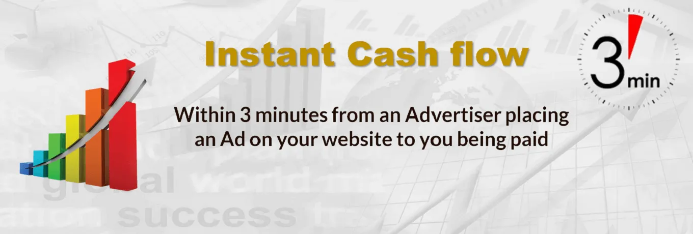 Instant Cash flow…within 3 minutes from an Advertiser placing an Ad on your website to you being paid Instant Cash flow…within 3 minutes from an Advertiser placing an Ad on your website to you being paid